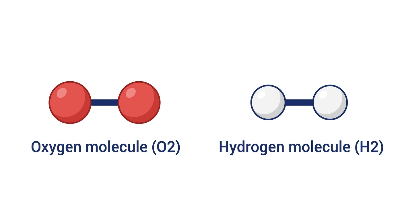 Molecules of hydrogen and oxygen — two atoms combining to form molecules