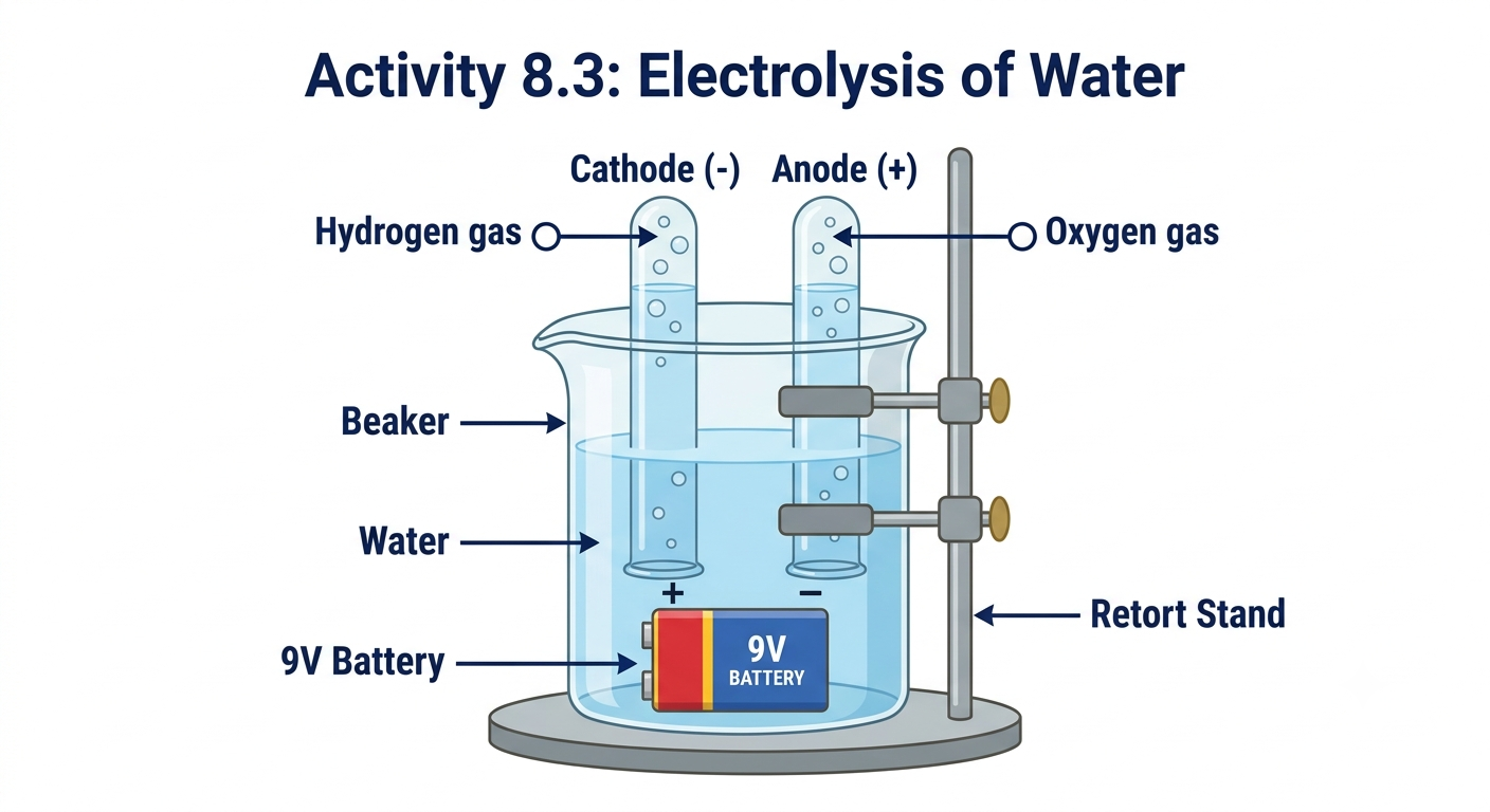 Activity 8.3 — electrolysis of water using a 9V battery, collecting hydrogen and oxygen gases
