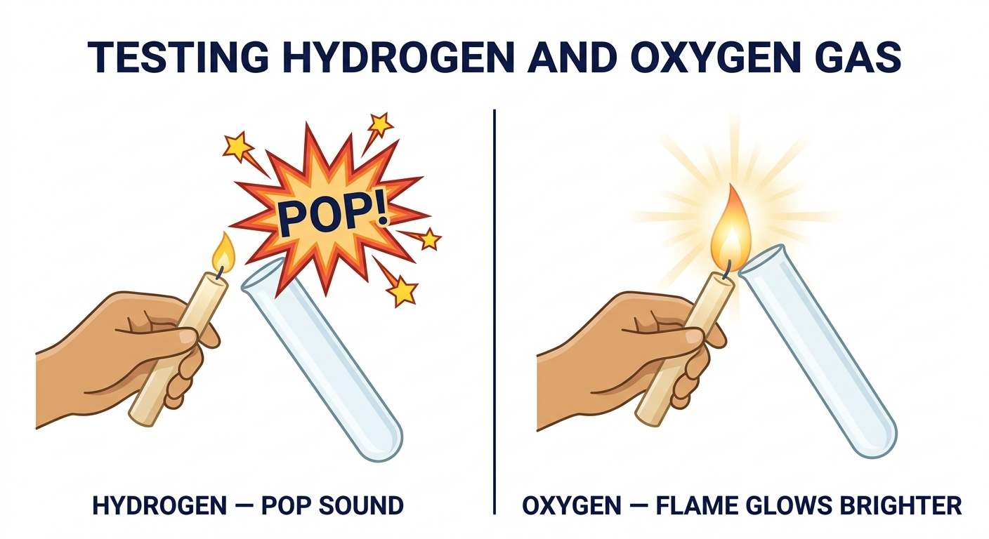 Testing gases — hydrogen gives pop sound, oxygen makes flame glow brighter