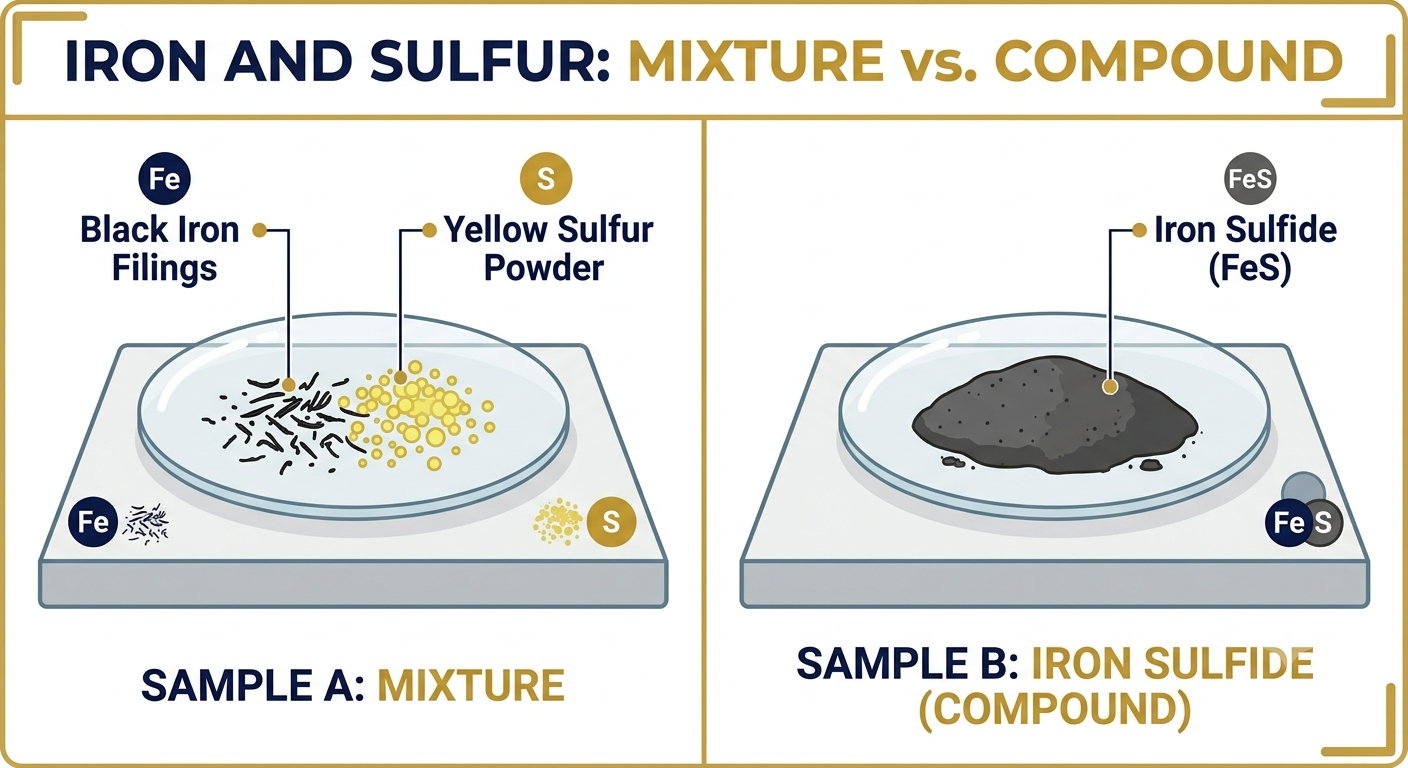 Sample A — mixture of iron filings and sulfur powder vs Sample B — iron sulfide compound