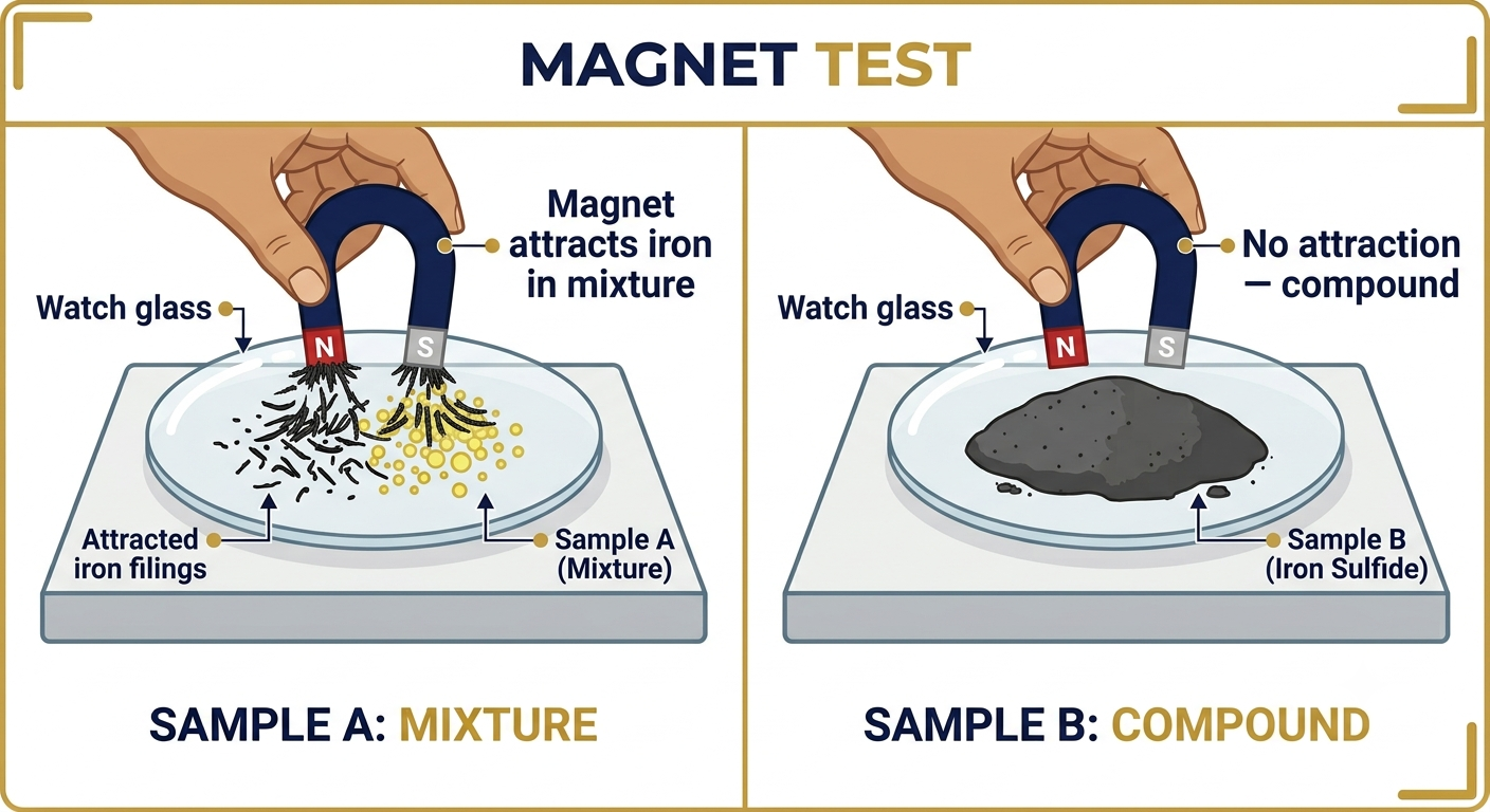 Magnet attracts iron in the mixture (Sample A) but has no effect on iron sulfide compound (Sample B)
