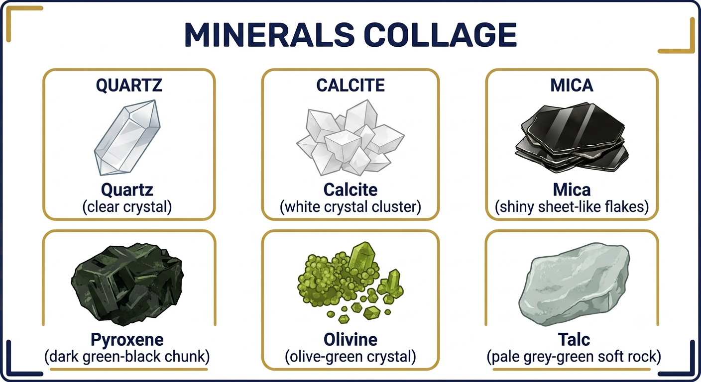 Some minerals — quartz, calcite, mica, pyroxene, olivine and talc